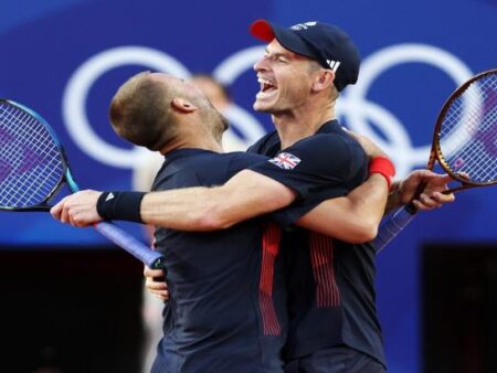 Dan Evans and Andy Murray playing doubles at the Paris Olympics.